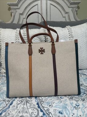 Tory Burch Beige Canvas Blake  Tote with Brown Handles and Multicolor Trim